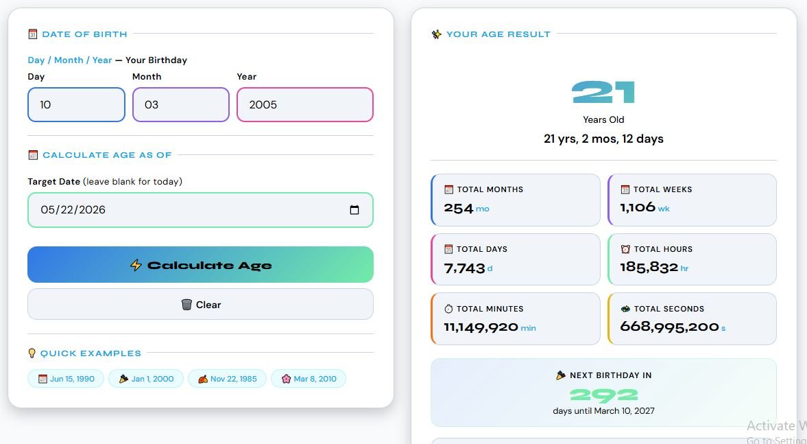 AdQoo Age Calculator showing exact age result in years, months, days, hours and minutes based on date of birth input